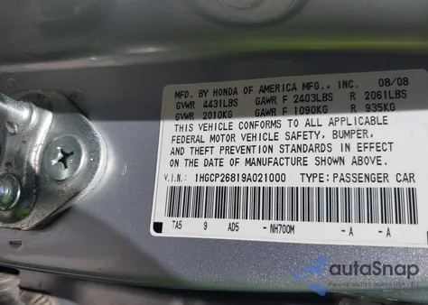 2009 Honda Accord 2.4 Ex-L from USA, damaged, VIN 1HGCP26819A021000